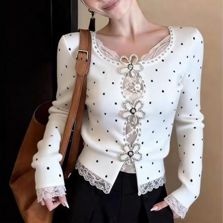 FA56735# 韩系性感穿搭镂空蕾丝拼接长袖女春季新款修身显瘦波点上衣  服裝批發女裝批發服飾貨源