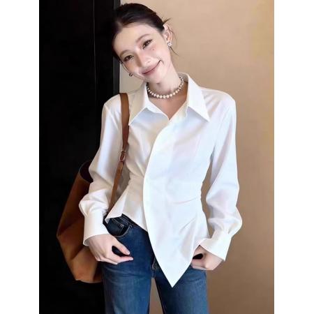 FA56736# 早春法式复古不规则白色纯欲长袖绝美上衣女士设计感小众独特上衣  服裝批發女裝批發服飾貨源
