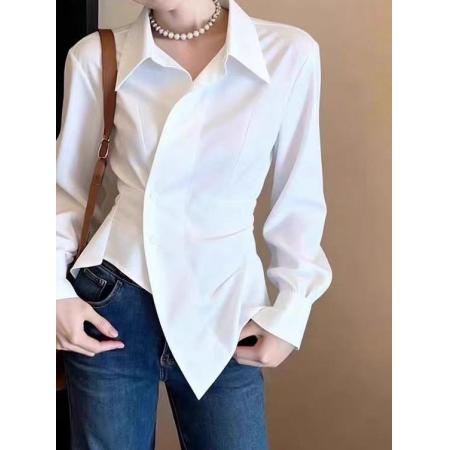 FA56736# 早春法式复古不规则白色纯欲长袖绝美上衣女士设计感小众独特上衣  服裝批發女裝批發服飾貨源