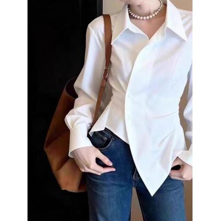 FA56736# 早春法式复古不规则白色纯欲长袖绝美上衣女士设计感小众独特上衣  服裝批發女裝批發服飾貨源