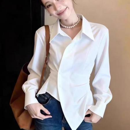 FA56736# 早春法式复古不规则白色纯欲长袖绝美上衣女士设计感小众独特上衣  服裝批發女裝批發服飾貨源