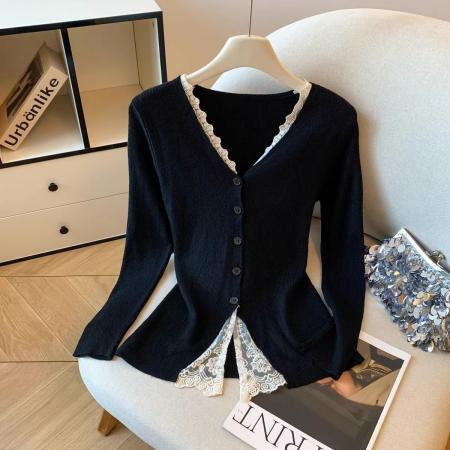 FA56739# 春秋季法式高级感蕾丝拼接修身长袖T恤女气质开叉打底衫上衣  服裝批發女裝批發服飾貨源