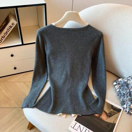 FA56739# 春秋季法式高级感蕾丝拼接修身长袖T恤女气质开叉打底衫上衣  服裝批發女裝批發服飾貨源