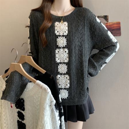 FA56740# ～大码韩系重工钩花镂空长袖针织衫女时尚百搭设计感宽松上衣  服裝批發女裝批發服飾貨源