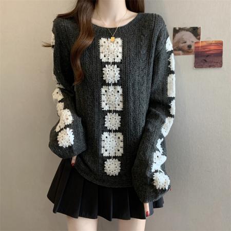 FA56740# ～大码韩系重工钩花镂空长袖针织衫女时尚百搭设计感宽松上衣  服裝批發女裝批發服飾貨源