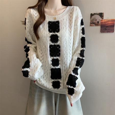 FA56740# ～大码韩系重工钩花镂空长袖针织衫女时尚百搭设计感宽松上衣  服裝批發女裝批發服飾貨源