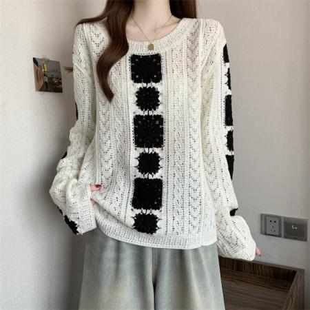 FA56740# ～大码韩系重工钩花镂空长袖针织衫女时尚百搭设计感宽松上衣  服裝批發女裝批發服飾貨源