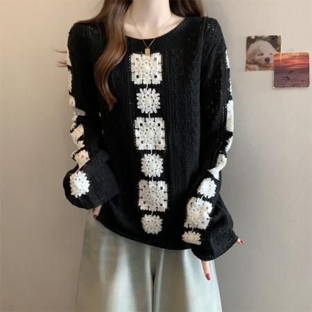 FA56740# ～大码韩系重工钩花镂空长袖针织衫女时尚百搭设计感宽松上衣  服裝批發女裝批發服飾貨源