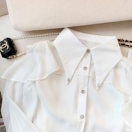 FA56742# 春装新款韩版白色衬衣法式高级感宽松翻领衬衫女  服裝批發女裝批發服飾貨源