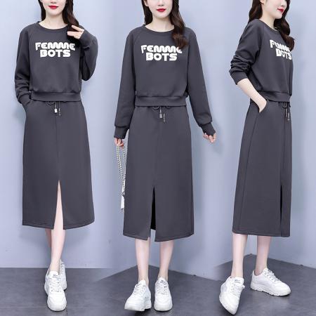 FA56746# 春季新款圆领套头卫衣开叉半身裙两件套休闲宽松套装裙女  服裝批發女裝批發服飾貨源