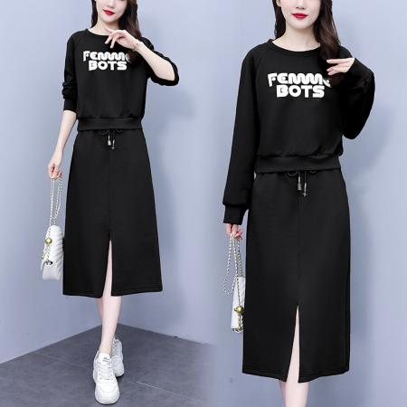 FA56746# 春季新款圆领套头卫衣开叉半身裙两件套休闲宽松套装裙女  服裝批發女裝批發服飾貨源