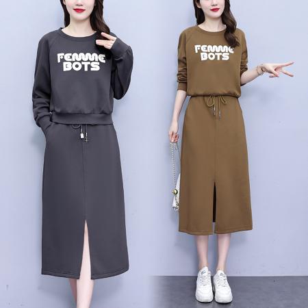 FA56746# 春季新款圆领套头卫衣开叉半身裙两件套休闲宽松套装裙女  服裝批發女裝批發服飾貨源