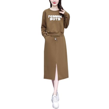 FA56746# 春季新款圆领套头卫衣开叉半身裙两件套休闲宽松套装裙女  服裝批發女裝批發服飾貨源