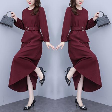 FA56747# 名媛收腰气质套装裙春秋减龄显瘦长袖半身裙两件套女  服裝批發女裝批發服飾貨源