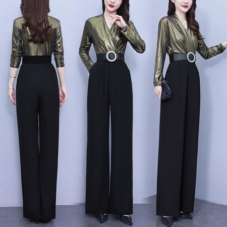 FA56751# 撞色拼接连体裤女春秋季新款气质设计感女神范阔腿裤潮  服裝批發女裝批發服飾貨源