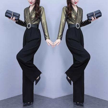 FA56751# 撞色拼接连体裤女春秋季新款气质设计感女神范阔腿裤潮  服裝批發女裝批發服飾貨源