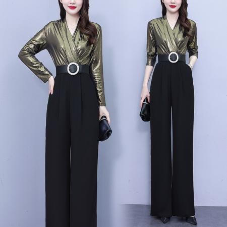 FA56751# 撞色拼接连体裤女春秋季新款气质设计感女神范阔腿裤潮  服裝批發女裝批發服飾貨源