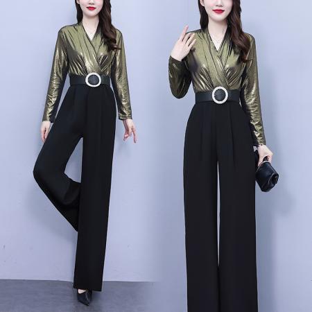 FA56751# 撞色拼接连体裤女春秋季新款气质设计感女神范阔腿裤潮  服裝批發女裝批發服飾貨源