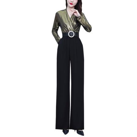 FA56751# 撞色拼接连体裤女春秋季新款气质设计感女神范阔腿裤潮  服裝批發女裝批發服飾貨源