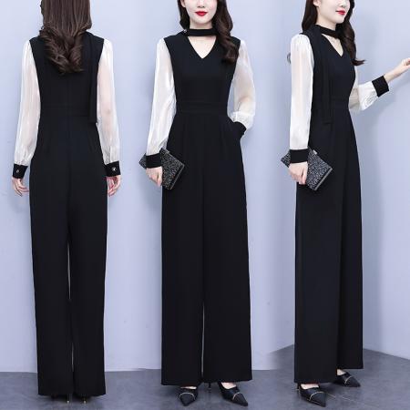 FA56753# 春秋季新款气质设计感高腰阔腿裤长袖拼接黑色连体裤女  服裝批發女裝批發服飾貨源