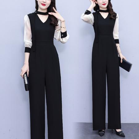 FA56753# 春秋季新款气质设计感高腰阔腿裤长袖拼接黑色连体裤女  服裝批發女裝批發服飾貨源