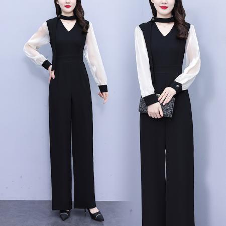FA56753# 春秋季新款气质设计感高腰阔腿裤长袖拼接黑色连体裤女  服裝批發女裝批發服飾貨源