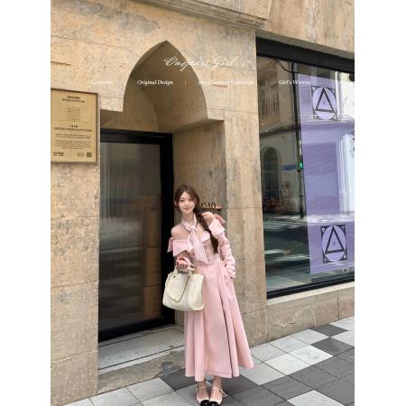 FA56754# 韩版高级感时尚气质一字肩收腰长款风衣小众独特超好看外套  服裝批發女裝批發服飾貨源