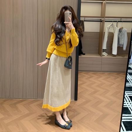FA56757# 巨好看的冬装一整套小个子秋冬季新款黄色针织衫半身裙套装女  服裝批發女裝批發服飾貨源
