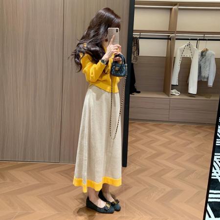 FA56757# 巨好看的冬装一整套小个子秋冬季新款黄色针织衫半身裙套装女  服裝批發女裝批發服飾貨源