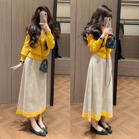 FA56757# 巨好看的冬装一整套小个子秋冬季新款黄色针织衫半身裙套装女  服裝批發女裝批發服飾貨源