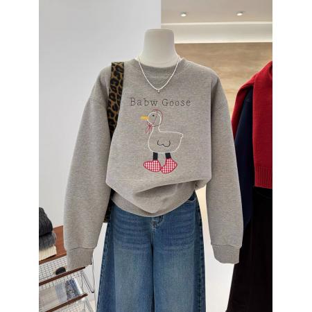 FA56760# 华棉复真超特大码300斤卡通刺绣鸭子保暖加绒套头卫衣女  服裝批發女裝批發服飾貨源