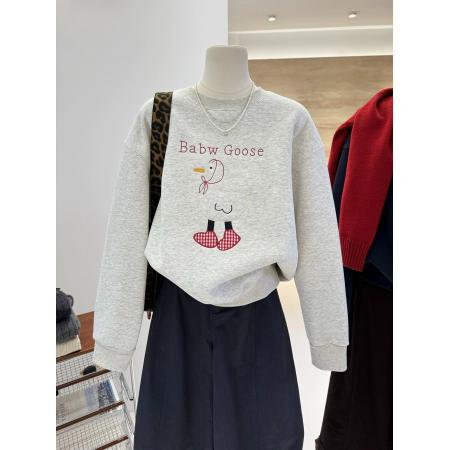 FA56760# 华棉复真超特大码300斤卡通刺绣鸭子保暖加绒套头卫衣女  服裝批發女裝批發服飾貨源