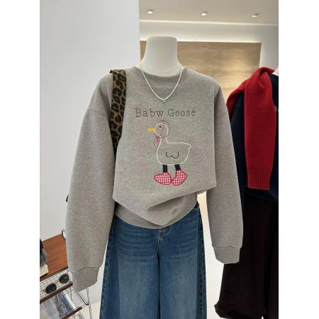 FA56760# 华棉复真超特大码300斤卡通刺绣鸭子保暖加绒套头卫衣女  服裝批發女裝批發服飾貨源