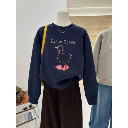 FA56760# 华棉复真超特大码300斤卡通刺绣鸭子保暖加绒套头卫衣女  服裝批發女裝批發服飾貨源