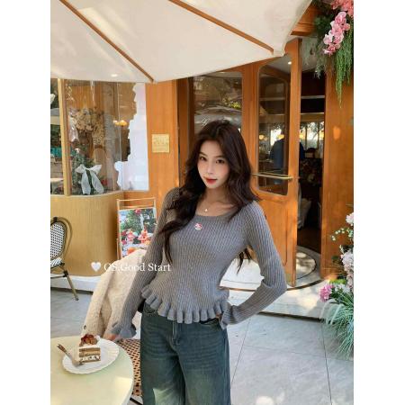 FA56762# 韩版早春穿搭新款U领减龄动漫刺绣修身内搭针织衫长袖上衣女  服裝批發女裝批發服飾貨源