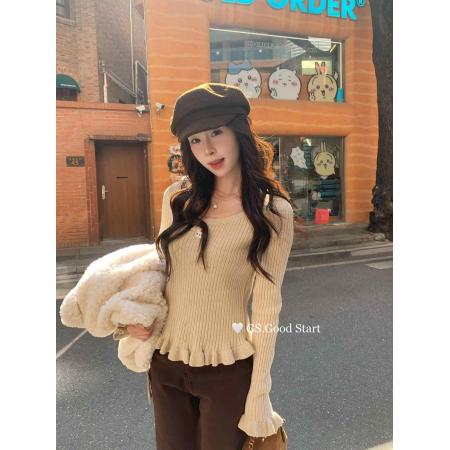 FA56762# 韩版早春穿搭新款U领减龄动漫刺绣修身内搭针织衫长袖上衣女  服裝批發女裝批發服飾貨源