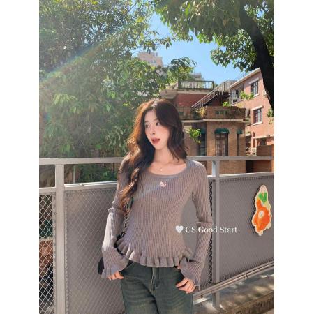 FA56762# 韩版早春穿搭新款U领减龄动漫刺绣修身内搭针织衫长袖上衣女  服裝批發女裝批發服飾貨源