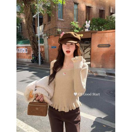 FA56762# 韩版早春穿搭新款U领减龄动漫刺绣修身内搭针织衫长袖上衣女  服裝批發女裝批發服飾貨源