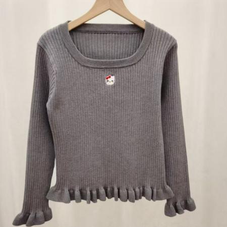 FA56762# 韩版早春穿搭新款U领减龄动漫刺绣修身内搭针织衫长袖上衣女  服裝批發女裝批發服飾貨源