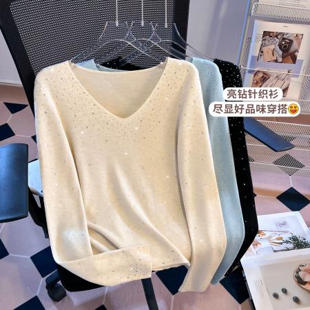 FA56763# 高级感v领针织衫打底衫女春季新品洋气烫钻长袖ins上衣  服裝批發女裝批發服飾貨源