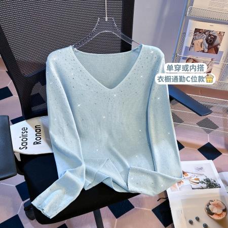 FA56763# 高级感v领针织衫打底衫女春季新品洋气烫钻长袖ins上衣  服裝批發女裝批發服飾貨源