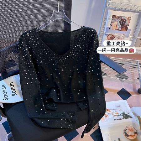 FA56763# 高级感v领针织衫打底衫女春季新品洋气烫钻长袖ins上衣  服裝批發女裝批發服飾貨源