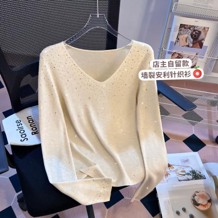 FA56763# 高级感v领针织衫打底衫女春季新品洋气烫钻长袖ins上衣  服裝批發女裝批發服飾貨源
