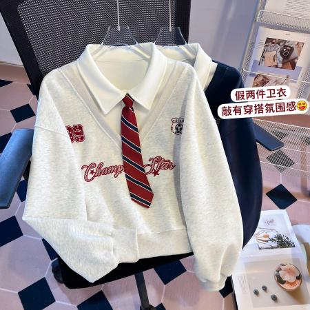 FA56764# 美式polo领带假两件卫衣女早春新品韩系学院风减龄上衣  服裝批發女裝批發服飾貨源