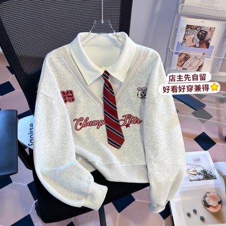 FA56764# 美式polo领带假两件卫衣女早春新品韩系学院风减龄上衣  服裝批發女裝批發服飾貨源