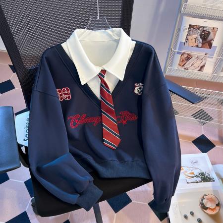 FA56764# 美式polo领带假两件卫衣女早春新品韩系学院风减龄上衣  服裝批發女裝批發服飾貨源