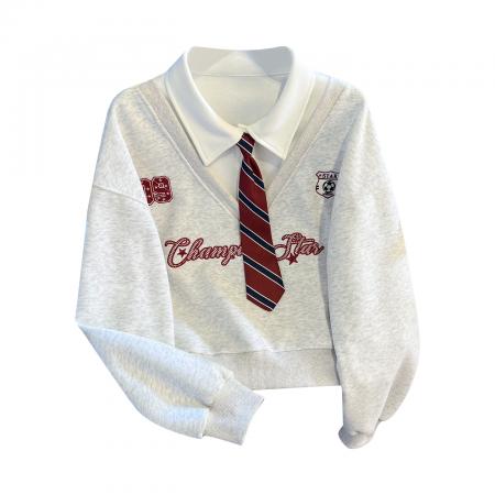 FA56764# 美式polo领带假两件卫衣女早春新品韩系学院风减龄上衣  服裝批發女裝批發服飾貨源