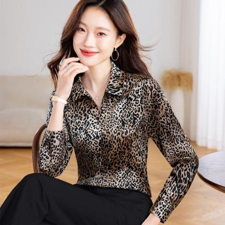 FA56767# 洋气休闲秋季新款女装翻领豹纹雪纺衫上衣开衫衬衫打底衫衬衣  服裝批發女裝批發服飾貨源