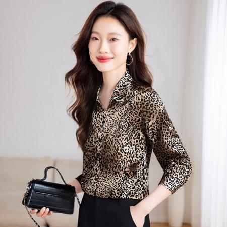 FA56767# 洋气休闲秋季新款女装翻领豹纹雪纺衫上衣开衫衬衫打底衫衬衣  服裝批發女裝批發服飾貨源