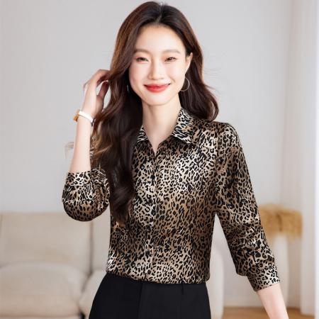 FA56767# 洋气休闲秋季新款女装翻领豹纹雪纺衫上衣开衫衬衫打底衫衬衣  服裝批發女裝批發服飾貨源